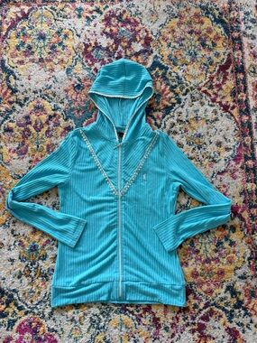 Y2K Sky Blue Ribbed Zip Hoodie Preppy Streetwear Fitted Jacket